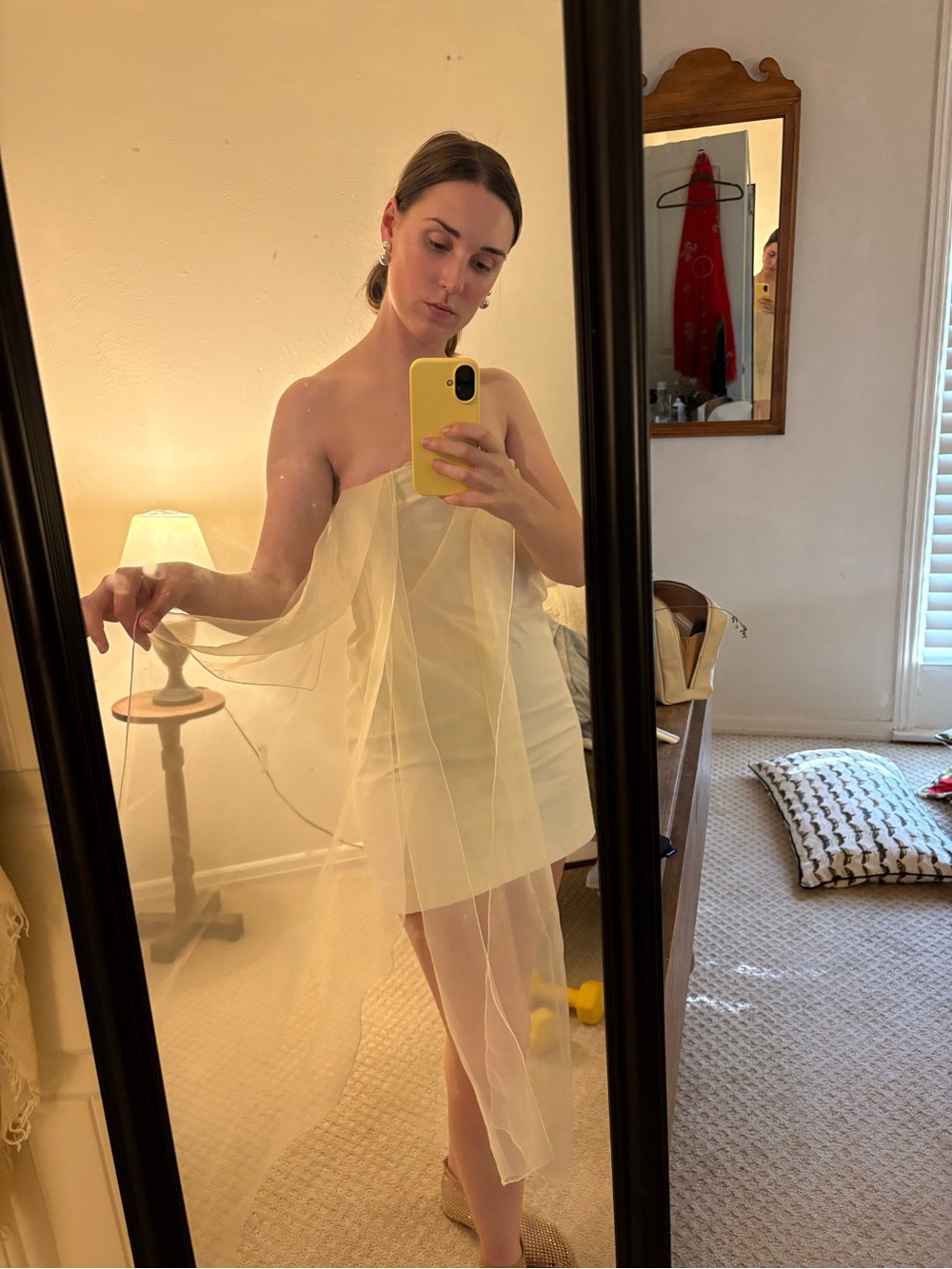 Mango Strapless Sheer Overlay Mini Dress in Pale Yellow